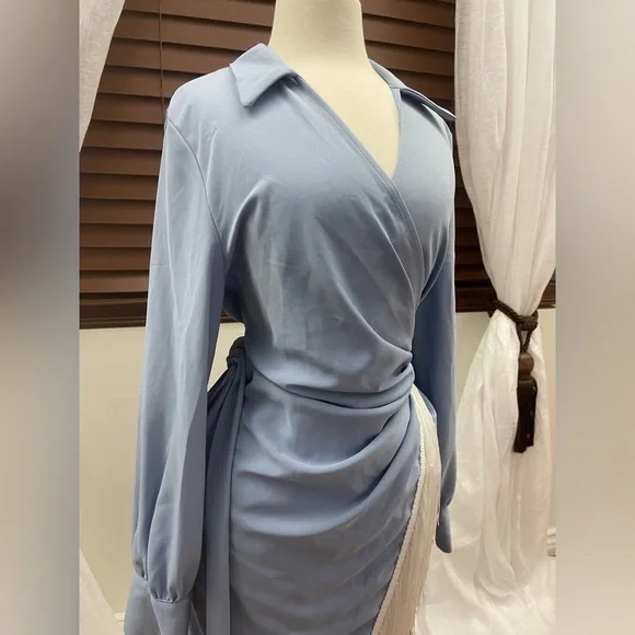 Powder Blue Fringe Wrap Dress Medium - Picture 3 of 10